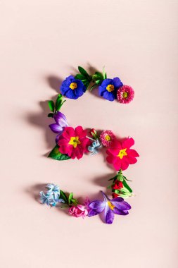 Pembe arka planda bahar çiçeklerinden S harfi
