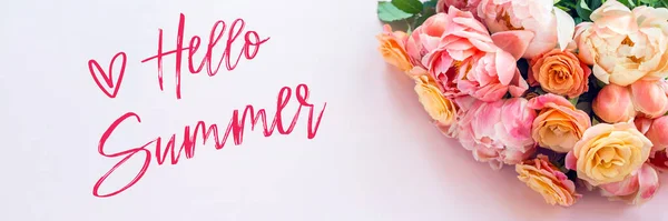 Hello Summer Words Fresh Bunch Pink Peonies Roses Pink Background — Stock Photo, Image