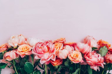 Pembe arka planda taze pembe şakayıklar ve güller. Kart kavramı, pastel renkler, resmi kapat, boşluğu kopyala