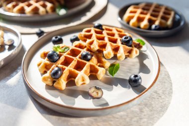 Çikolata parçalı ev yapımı vanilyalı waffle ve yabanmersini, mükemmel bir aile kahvaltısı.