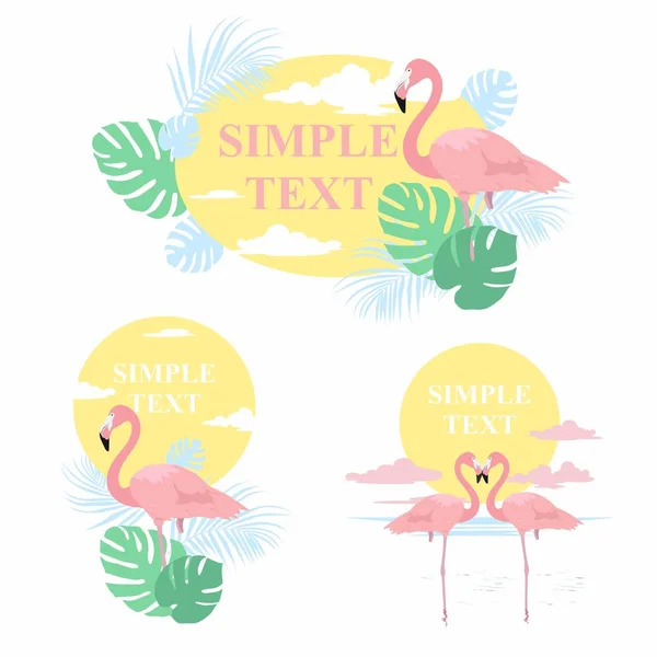 Tropikal yaprakların vektör çizimi, flamingo kuşu. Tropik yaz motifi.