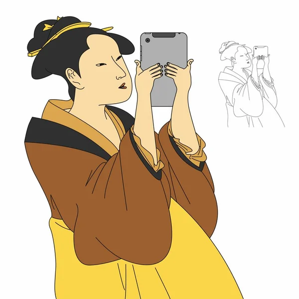 Kimono elbiseli Japon kadın tabletin ekranına bakıyor. Kadınlar içeriği okumak için Tablet 'in elini tutuyor. vektör illüstrasyonu