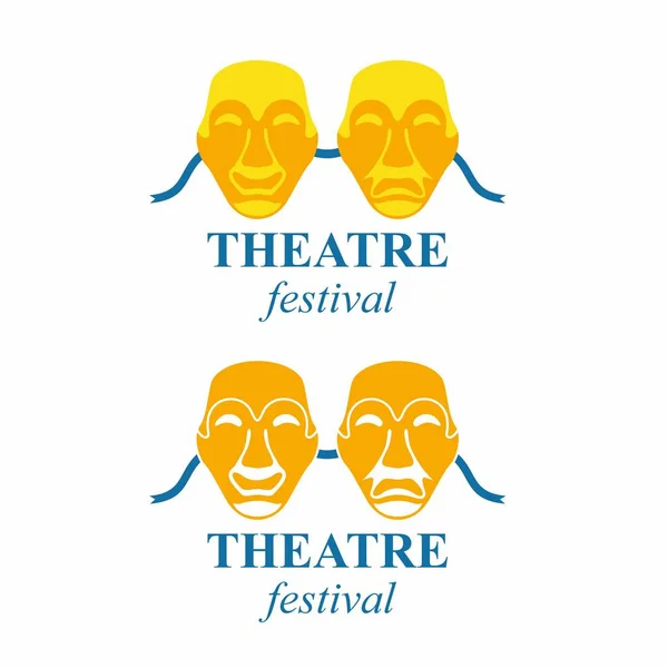 Altın tiyatro maskeleri. Komedi ve trajedi. Tiyatro maskeleri beyazda izole edilmiş. vektör illüstrasyonu.