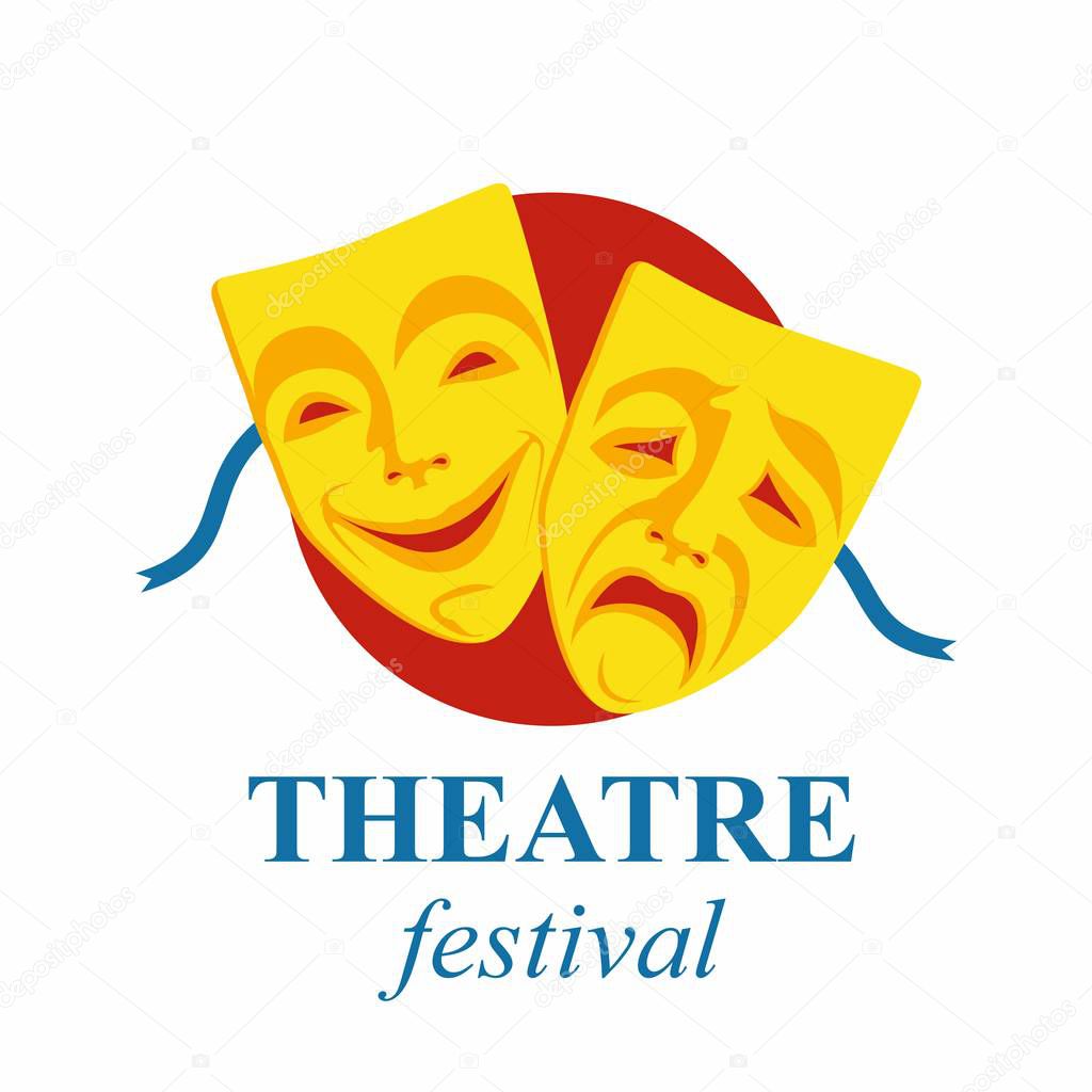 Gold theatrical masks. Comedy and tragedy, Theatre masks isolated on white. vector illustration.