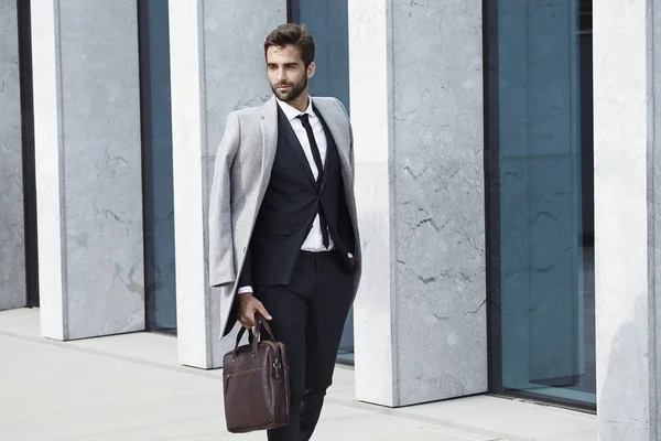Hombre de negocios guapo con abrigo y maletín — Foto de Stock