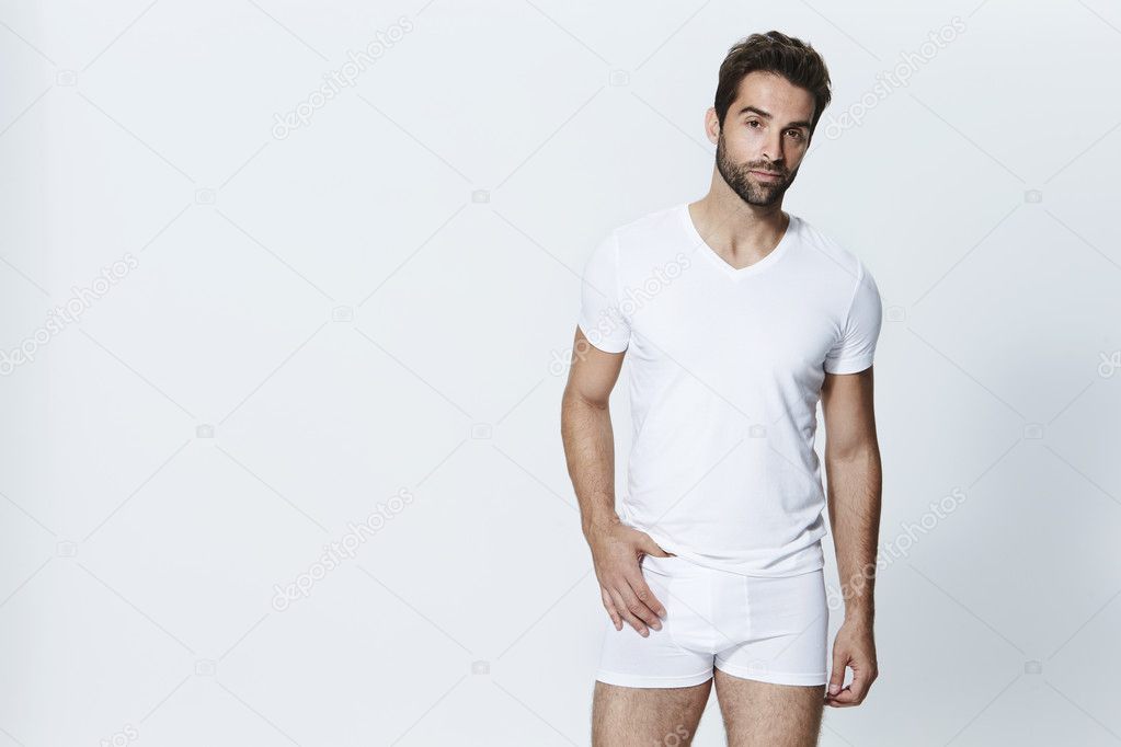 Man wearing t-shirt and underpants