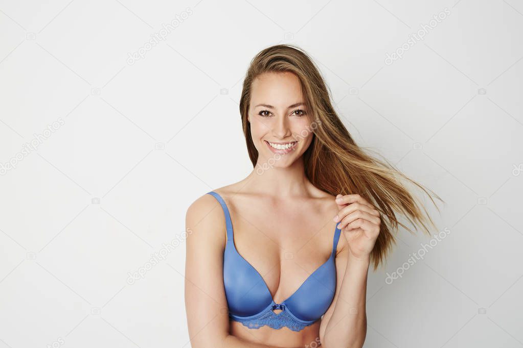 Beautiful woman in blue bra