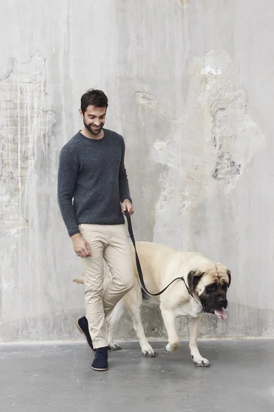 강아지와 산책 하는 잘생긴 남자 — 스톡 사진