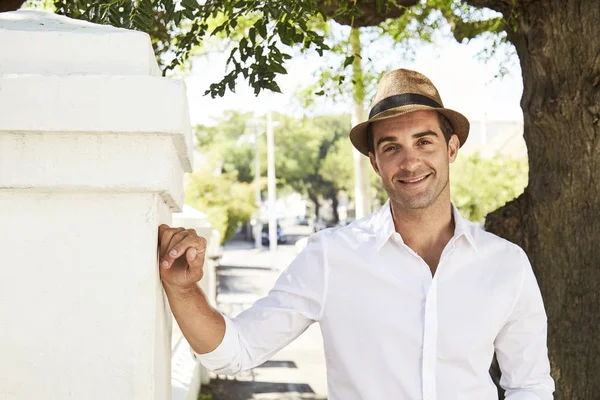 Guy in hat and white shirt — Stock Photo, Image