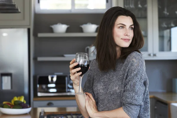 Mulher morena bonita bebendo vinho — Fotografia de Stock