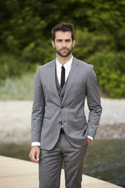 Gri takım elbiseli güzel iş adamı 