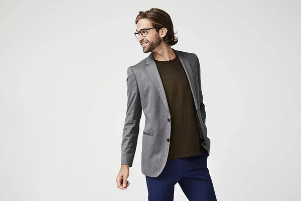 Happy man in jacket and glasses — Stock Photo, Image