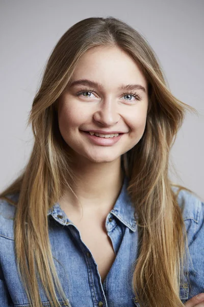Portrait Girl Denim Shirt Smiling Camera — Stock Photo, Image