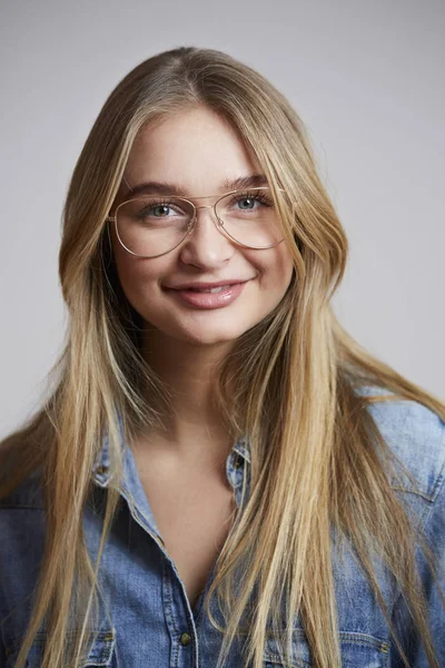 Cool Girl Glasses Shirt Smiling — Stock Photo, Image