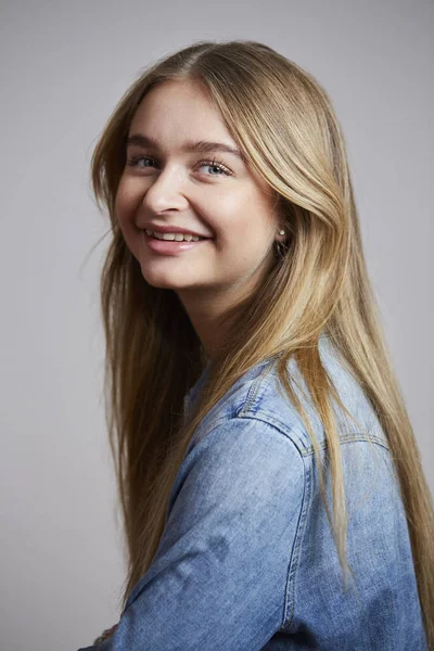 Smiling Girl Denim Shirt Portrait — Stock Photo, Image