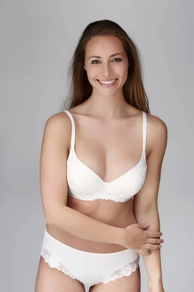 Young Woman White Underwear Smiling Camera — Stock Photo, Image