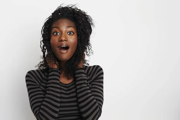 Young African Woman Posing Camera Open Mouth Portrait — Stock Photo, Image