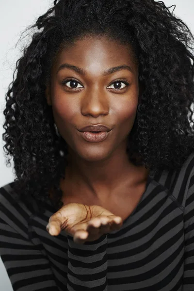 Young African Woman Blowing Kiss Camera Portrait — Stock Photo, Image