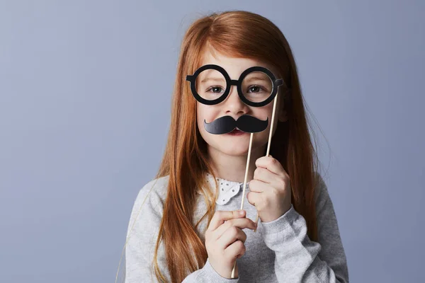 Little Redheaded Girl Funny Disguise Fake Mustache Spectacles — Stock Photo, Image