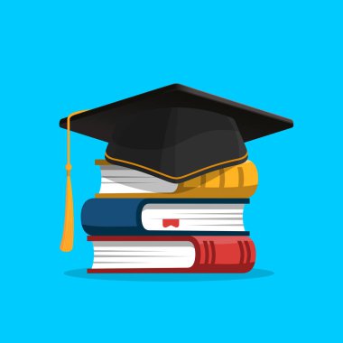 Kitap yığınında siyah mezuniyet şapkası. Eğitim ve mezuniyet konsepti. Düz biçimli vektör illüstrasyonu.