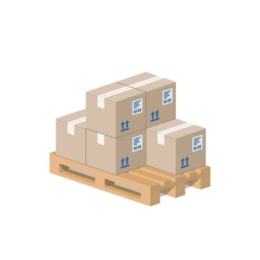 Tahta palette karton kutular. Depo kavramı. Isometric tarzı. Illistratio beyaz arkaplanda izole edildi.