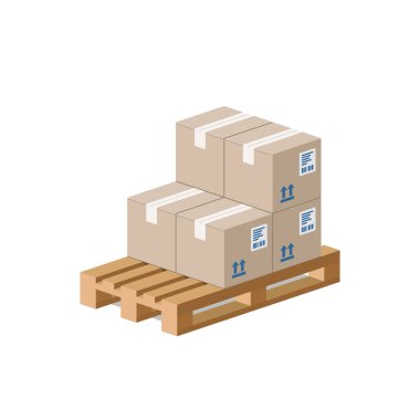 Tahta palette karton kutular. Depo kavramı. Isometric tarzı. Illistratio beyaz arkaplanda izole edildi.