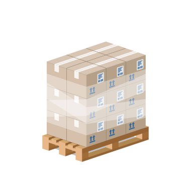 Tahta palette karton kutular. Depo kavramı. Isometric tarzı. Illistratio beyaz arkaplanda izole edildi.