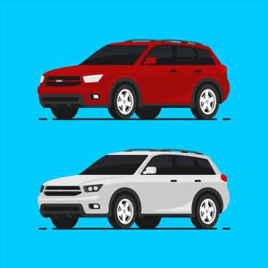 Araba SUV vektör çizimi düz bir şekilde. Otomatik yan görünüm. Kırmızı ve beyaz otomobil izole edildi.