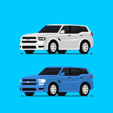 Araba SUV vektör çizimi düz bir şekilde. Otomatik yan görünüm. Mavi ve beyaz otomobil izole edildi.