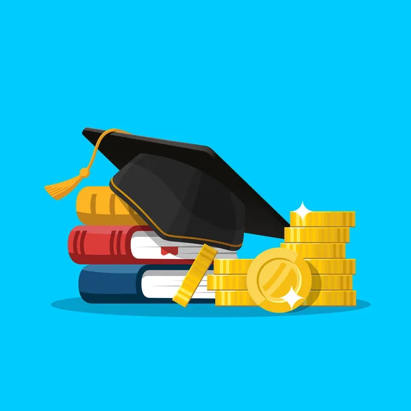 Scholarship Concept Education Loan Pursuing Graduation Hat Stack Coins Vector — Stock Vector