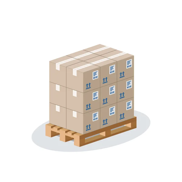 木托盘上的纸盒 仓库的概念 等距风格 白色背景下孤立的Illistratio — 图库矢量图片