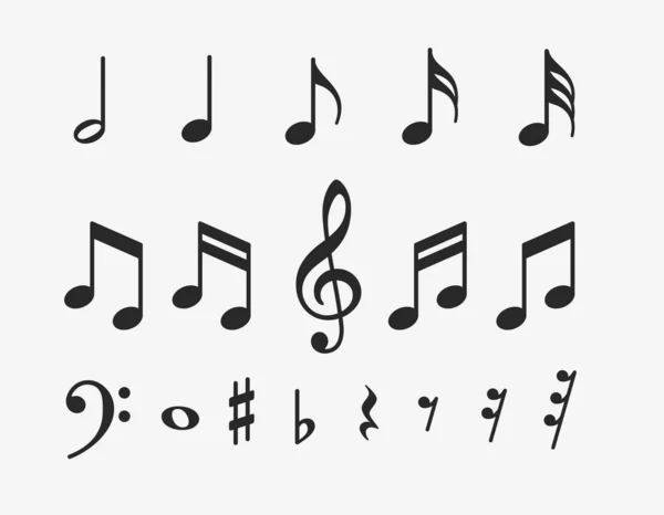 Conjunto Iconos Notas Musicales Signos Clave Musicales Símbolos Vectores Sobre — Vector de stock