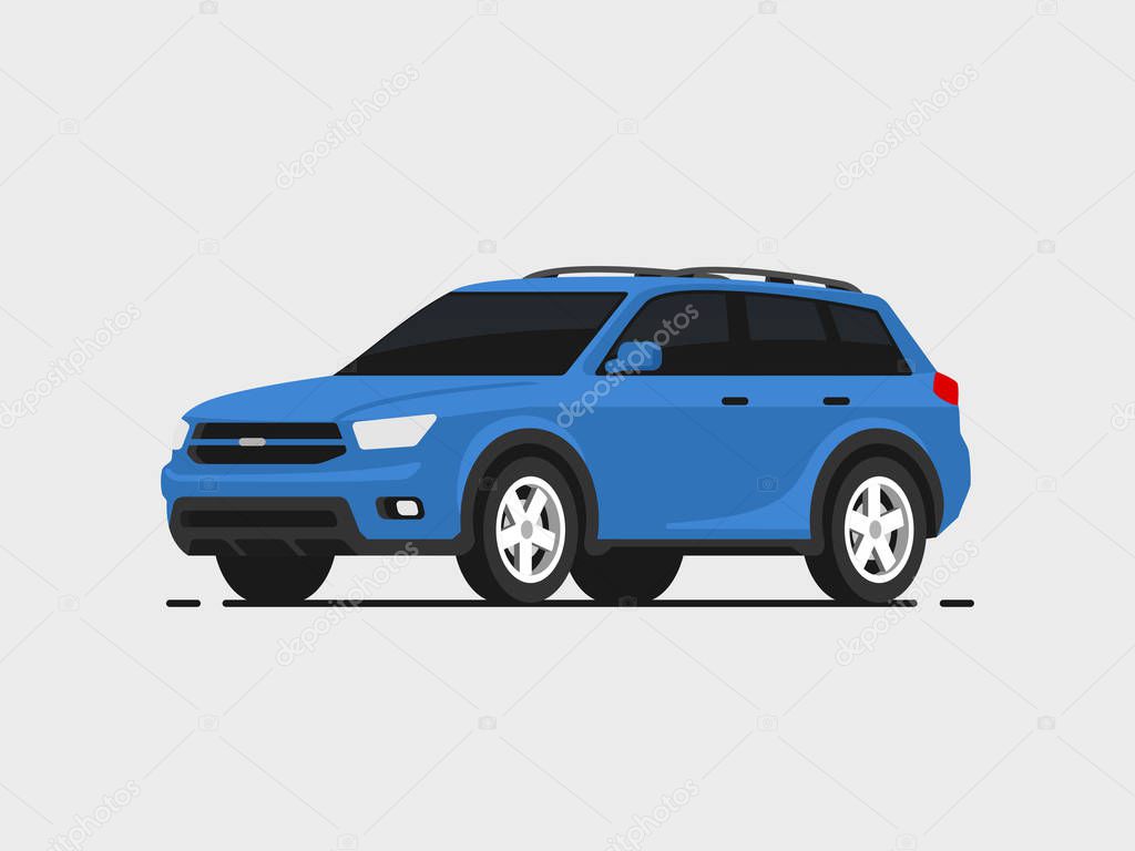 Car suv vector illustrayion in flat style. Auto side view. Blue automobile isolated.