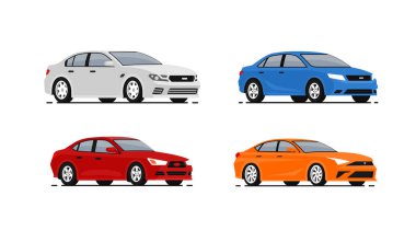 Araba vektör çizimleri ayarlandı. Araçlar naklediliyor. Koleksiyon otomobil simgeleri düz stil. Beyaz arkaplanda izole edilmiş piktogramlar.