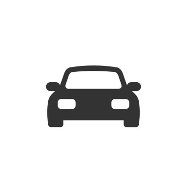 Araba vektör simgesi. Ön manzara. Siyah siluet. Beyaz arkaplanda otomatik imza izole edildi. Çizim düz biçimli.