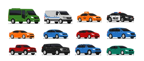 Car Icons Collection Vector Illustration Flat Style Urban City Cars — Stock Vector