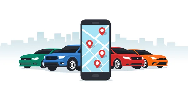 Servizio Car Sharing Noleggio Ordinazione Online Smartphone Mobile App Ordinazione — Vettoriale Stock