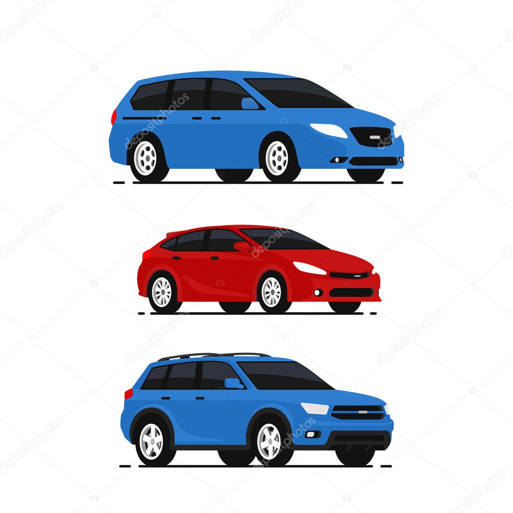 Cars vector illustrations set. Vehicles transport. Collection auto Icons in flat style. Pictograms isolated on white background.