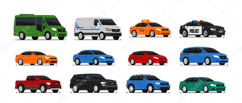 Car icons collection. Vector illustration in flat style. Urban, city cars and vehicles transport concept. Isolated on white background. Set of of different models of cars