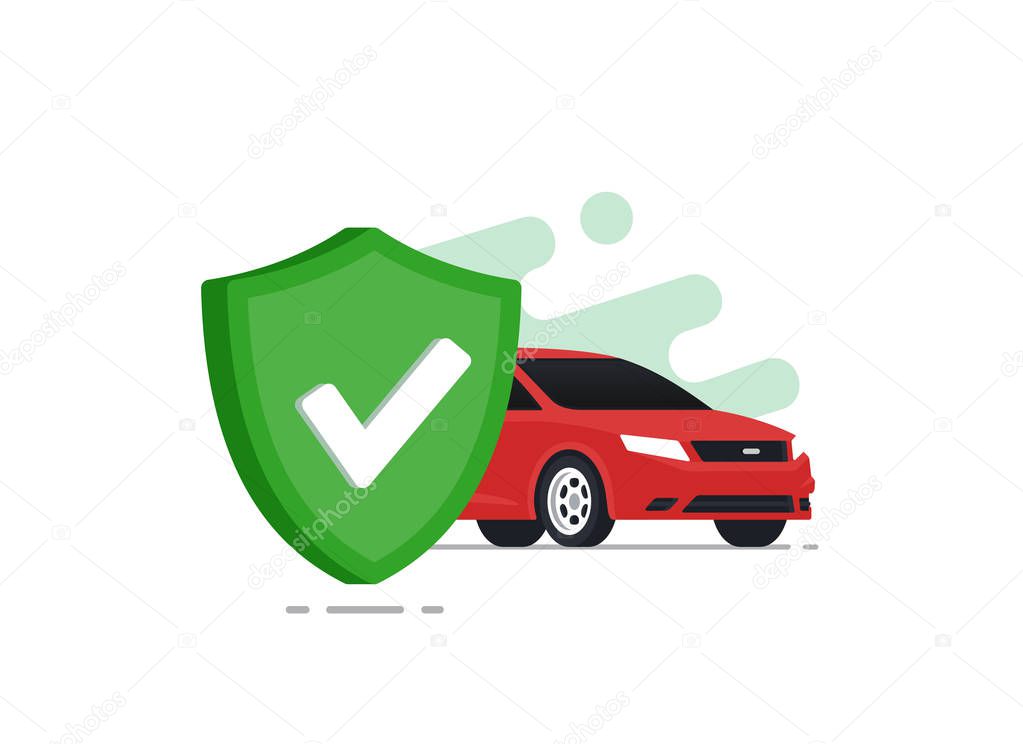 Auto safetyconcept. Car insurance. Red car with green shield. Vector illustration in flat style.