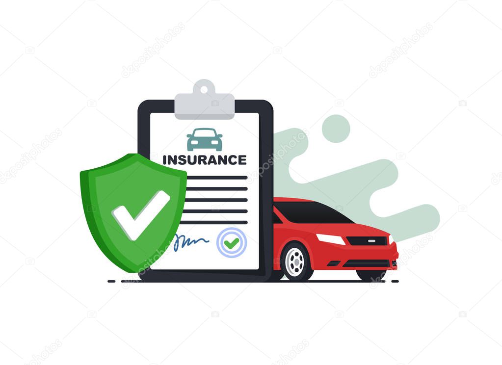 Insurance policy concept.Document report with shield and car. Vector illustration in flat srtyle.