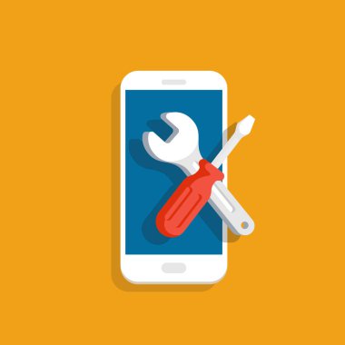 Telefon tamir konsepti. Akıllı telefon bakımı. Cep telefonu ekranında İngiliz anahtarı ve tornavida var. Düz tasarımda vektör illüstrasyonu.