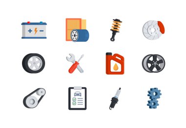 Araba servisi bakım ikonu seti. Araba tamiri. Otomobil parçaları dükkanı. Otomotiv servis sembolleri. Düz biçimde vektör illüstrasyonu. Beyaz arkaplanda izole.