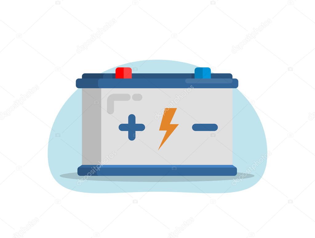 Car battery icon. Accumulator energy power. Car part for garage, auto services. Vector illuatration in flat style.