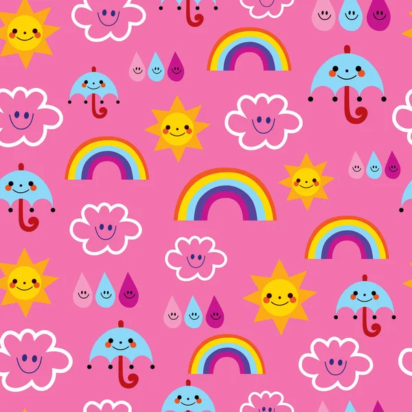 Zon parasols regendruppels wolken regenbogen tekens weer roze hemel naadloze patroon — Stockvector