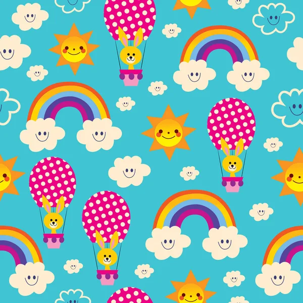 Cute bunnies rainbows clouds sky seamless pattern — Stock Vector