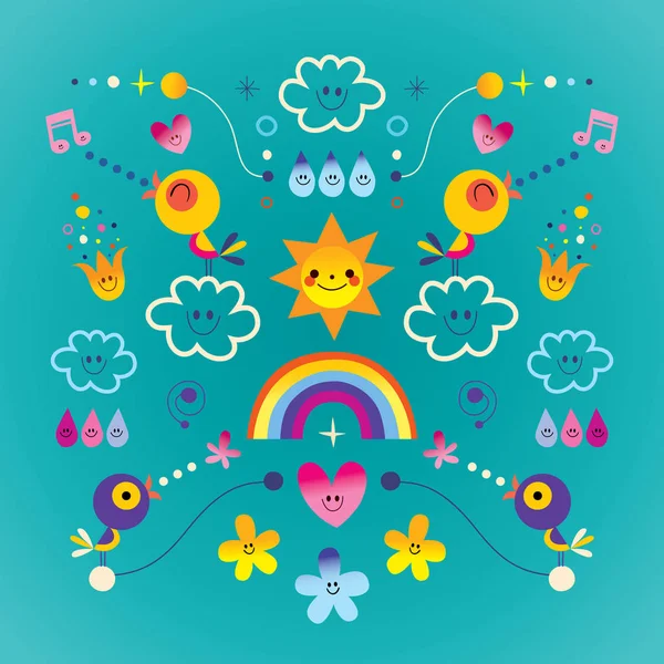 Sol nubes arco iris canto pájaros gotas de lluvia flores personajes naturaleza ilustración — Vector de stock