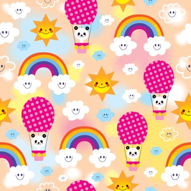 çocuklar seamless modeli şirin bebek ayı panda karakter gökkuşağı bulutlar gökyüzü