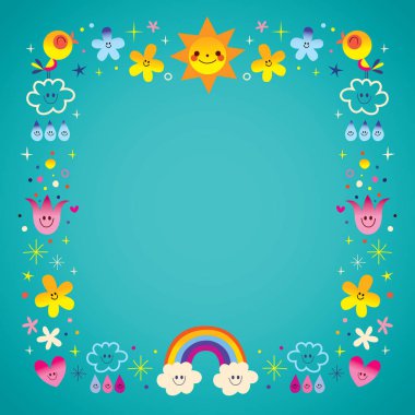 Güneş bulutlar gökkuşağı şarkı söyleyen kuşlar yağmur damlaları çiçek karakter doğa çerçeve kenarlığı