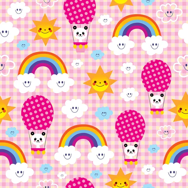 Bebé panda oso carácter arco iris nubes cielo niños patrón sin costuras — Vector de stock